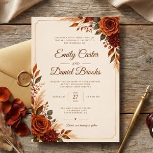 Puede incluir: Una tarjeta de invitación de boda rectangular de papel color crema, con ilustraciones de rosas de color naranja oscuro, hierba de la pampa y texto marrón. La tarjeta muestra los nombres Emily Carter y Daniel Brooks, la fecha 27 de septiembre de 2025 y el lugar.