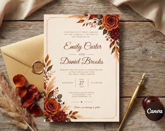 Floral Wedding Invitation Template, Editable Fall Terracotta Wedding ,Burnt Orange Elegant Autumn Botanical Invite, Instant Download