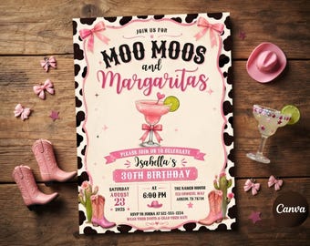 Moo Moos and Margaritas Birthday Invitation, Editable Cowgirl 30th Birthday Template, Western Pink Party Invite, Adult Birthday Celebration