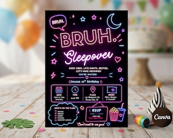 Bruh Sleepover Invitation, Neon Slumber Party Invite, 10th Birthday Template, Trendy Gamer Sleepover Invite, Boys Bday Evite, Download