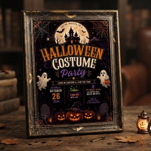 May include: A framed Halloween costume party invitation featuring a haunted house, full moon, ghosts, pumpkins, and spiderwebs. The text reads: You're invited to a Halloween Costume Party, Come in costume & join the fun, October 26, 2024, 7:00 PM.