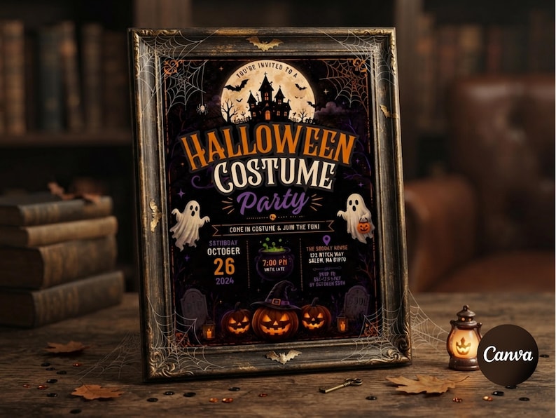 May include: A framed Halloween costume party invitation featuring a haunted house, full moon, ghosts, pumpkins, and spiderwebs. The text reads: You're invited to a Halloween Costume Party, Come in costume & join the fun, October 26, 2024, 7:00 PM.