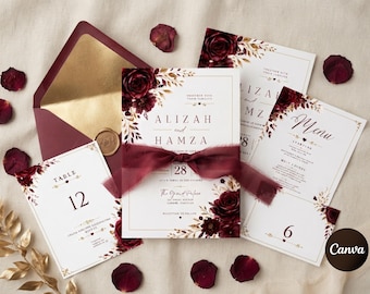 Burgundy Wedding Invitation Template Suite, Editable Maroon Gold Floral Wedding Suite, Elegant Evite & Menu Bundle, Instant Download