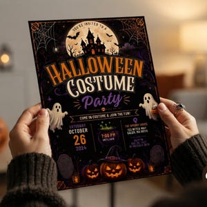May include: A Halloween costume party invitation flyer featuring a haunted house, full moon, ghosts, and jack-o'-lanterns. The text reads: You're invited to a Halloween Costume Party, Saturday October 26 2024, 7:00 PM, The Spooky House 152 Witch Way Salem, MA 01970.
