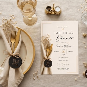 Op de afbeelding: Een uitnodigingskaart voor een verjaardagsdiner met een cr&egrave;mekleurige achtergrond, gouden lijnen en zwarte tekst. De kaart toont de tekst Birthday Dinner, Jessica Williams, June 28, 2026, en locatiegegevens, naast een afbeelding van een gedekte tafel.