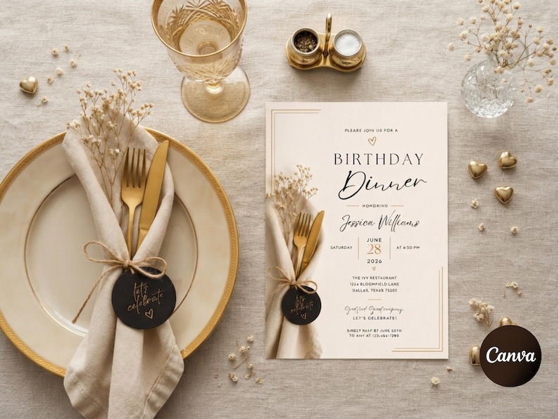 Op de afbeelding: Een uitnodigingskaart voor een verjaardagsdiner met een cr&egrave;mekleurige achtergrond, gouden lijnen en zwarte tekst. De kaart toont de tekst Birthday Dinner, Jessica Williams, June 28, 2026, en locatiegegevens, naast een afbeelding van een gedekte tafel.