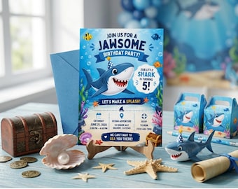Shark Birthday Invitation Template, Editable Shark Birthday Party Invite, Boy 5th Bday Digital Evite, Printable Ocean Adventure Theme