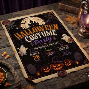 May include: A rectangular Halloween costume party invitation printed on aged paper with burnt edges. The design features a haunted house, ghosts, jack-o'-lanterns, and text reading: You're invited to a Halloween Costume Party, October 26, 2024.