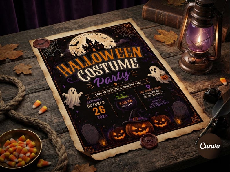 May include: A rectangular Halloween costume party invitation printed on aged paper with burnt edges. The design features a haunted house, ghosts, jack-o'-lanterns, and text reading: You're invited to a Halloween Costume Party, October 26, 2024.