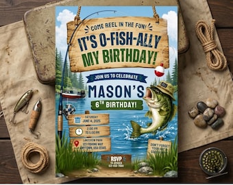 Fishing Birthday Invitation Template, Editable  It's O-Fish-Ally My Birthday Invite, Boy 6th Bday Digital Evite, Little Fisherman Theme