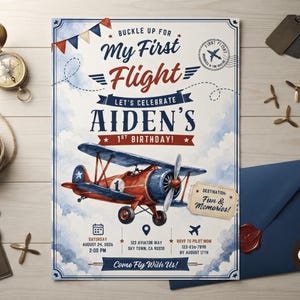My First Flight Birthday Invitation, Editable Airplane 1st Birthday Template,  Biplane Invite, Boy First Bday Party, Aviation Celebration