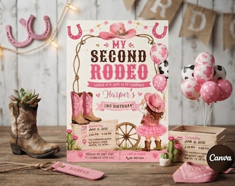 Second Rodeo Birthday Invitation, Cowgirl Party Invite, 2nd Birthday Template, Pink Western Bday Invite, Little Cowgirl Evite, Download