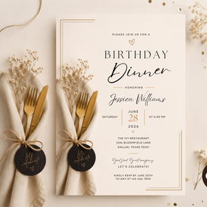Birthday Dinner Invitation Template, Editable Elegant Party Invite, Minimalist Birthday Celebration Template, Sophisticated Dinner Invite