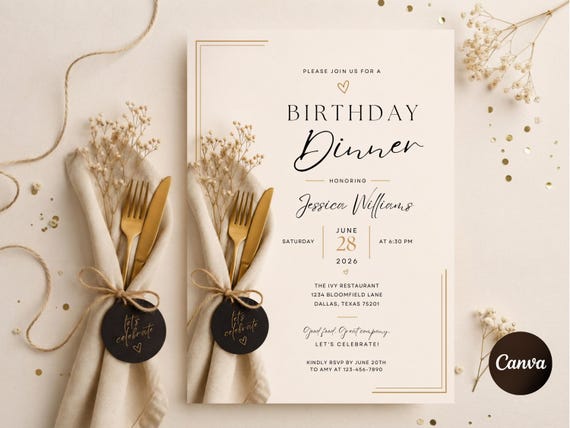 Birthday Dinner Invitation Template, Editable Elegant Party Invite, Minimalist Birthday Celebration Template, Sophisticated Dinner Invite