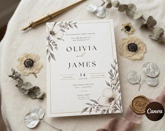 Elegant Vintage Floral Wedding Invitation Template, Editable Neutral Botanical , Minimalist Wedding Card, Instant Download
