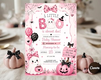 Little Boo Baby Shower Invitation, Editable Pink Halloween Party Template, Girl Baby Shower Invite, Ghost Theme Evite, Spooky  Celebration