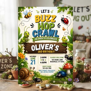 May include: A rectangular birthday invitation card featuring a bug theme with illustrations of a bee, ladybug, grasshopper, snail, and ant. The text reads LET'S BUZZ HOP CRAWL ON OVER TO CELEBRATE OLIVER'S 3RD BIRTHDAY, with event details for June 21.