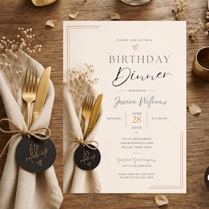 Op de afbeelding: Een cr&egrave;mekleurige uitnodigingskaart voor een verjaardagsdiner met gouden randlijnen en zwarte tekst: PLEASE JOIN US FOR A BIRTHDAY DINNER HONORING JESSICA WILLIAMS SATURDAY JUNE 28 2026 AT 6:30 PM THE IVY RESTAURANT 1234 BLOOMFIELD LANE DALLAS, TEXAS 75201.