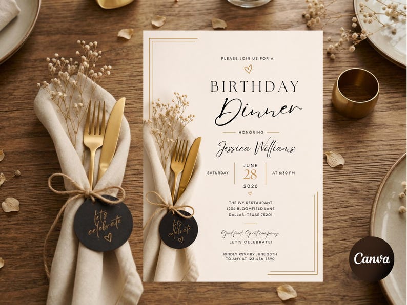 Op de afbeelding: Een cr&egrave;mekleurige uitnodigingskaart voor een verjaardagsdiner met gouden randlijnen en zwarte tekst: PLEASE JOIN US FOR A BIRTHDAY DINNER HONORING JESSICA WILLIAMS SATURDAY JUNE 28 2026 AT 6:30 PM THE IVY RESTAURANT 1234 BLOOMFIELD LANE DALLAS, TEXAS 75201.