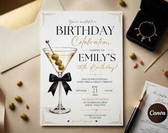 Cocktail Birthday Invitation Template, Editable Martini Party Invite, Chic 30th Birthday Card, Black Tie Event, Instant Download