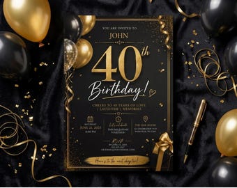 Sjabloon 40e verjaardagsuitnodiging, bewerkbare zwart-gouden verjaardagsuitnodiging, luxe mijlpaal verjaardag digitale Evite, elegant verjaardagsthema