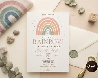 Boho Rainbow Baby Shower Invitation Template, Editable Little Rainbow On The Way Card, Neutral Gender Reveal Invite, Instant Download