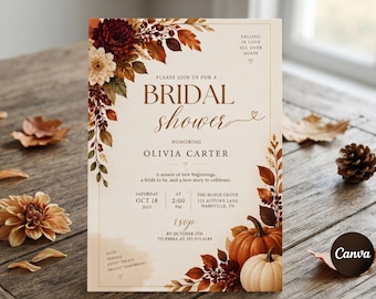 Fall Bridal Shower Invitation Template, Editable Autumn Pumpkin Party Invite, Harvest Bride-to-Be Card, Instant Download