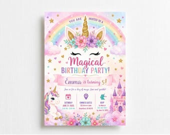 Unicorn Birthday Invitation, Editable Magical Rainbow Party Invite Template, Girl 5th Bday Digital Evite Invitation, Princess Theme Download