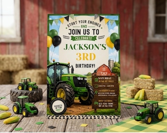 Tractor Birthday Invitation, Editable Boy Farm 3rd Party Invite Template,Start Your Engines Bday Evite, Barnyard Farm Theme Digital Download