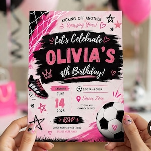 May include: A rectangular birthday invitation card featuring a pink and black soccer theme. Text includes KICKING OFF ANOTHER Amazing Year!, Let's Celebrate OLIVIA'S 9th Birthday!, Saturday June 14 2025, 2:00 PM-4:00 PM, Soccer Zone, 123 GOAL WAY CHAMPION, TX 75001, RSVP, COACH MOM 123-456-7880, PLEASE WEAR PINK!