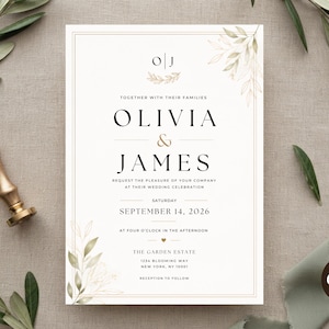 May include: A rectangular wedding invitation card with a white background, gold border, and botanical leaf illustrations. The text reads: O|J, Olivia & James, request the pleasure of your company at their wedding celebration, Saturday, September 14, 2026.