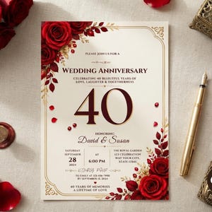 May include: A wedding anniversary invitation card featuring deep red roses, gold accents, and the number 40 in large dark font. The text reads: Please join us for a wedding anniversary, celebrating 40 beautiful years of love, laughter & togetherness.