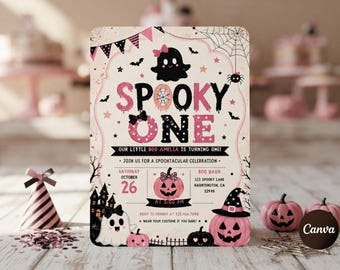Spooky One Birthday Invitation, Editable Pink Halloween 1st Birthday Template, Cute Ghost First Bday Invite, Spooky Sweet Celebration