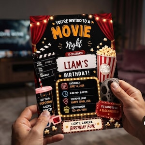 May include: A movie night birthday invitation for Liam featuring red curtains, a popcorn bucket, a film reel, and a clapperboard. The text reads: You're invited to a movie night to celebrate Liam's birthday, Saturday June 14, 2026, 6:00 PM - 9:00 PM, 123 Movie Lane, Happy Town, USA, RSVP to Mom 123-456-7890, It's going to be a blockbuster, Lights, camera, birthday fun.