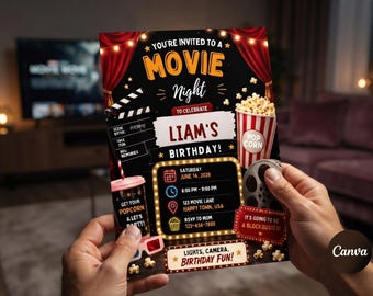 Movie Night Birthday Invitation, Hollywood Party Invite, Birthday Celebration Template, Cinema Theme Bday Invite, Kids Movie Party Evite
