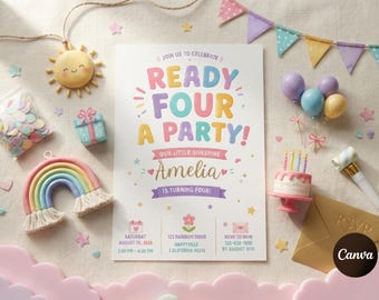 Ready Four A Party Invitation, Editable Sunshine Birthday Template, Girl 4th Birthday Invite, Rainbow Theme Evite, Four-Year-Old Celebration