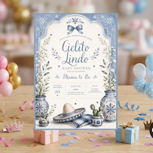 May include: A rectangular baby shower invitation card featuring a blue and white decorative border, a central bow, and the text Cielito Lindo Baby Shower. The design includes illustrations of blue and white vases, a sombrero, and a cactus.