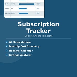 Puede incluir: Una plantilla de Google Sheets para el seguimiento de suscripciones en descarga digital sobre un fondo azul oscuro. Incluye una tabla de datos con columnas para Categoría, Valor, Estado y Total, además de una lista de funciones como el calendario de renovación.