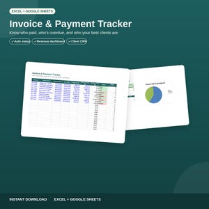 Puede incluir: Una plantilla digital de seguimiento de facturas y pagos para Excel y Google Sheets. La interfaz muestra una hoja de cálculo con columnas para números de factura, nombres de clientes, fechas y montos, junto a un gráfico de estado de facturas.