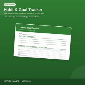Habit Tracker Printable PDF | Monthly Habit and Goal Planner | Daily Habit Grid US Letter & A4 Instant Download