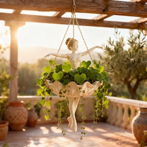 Può includere: Un vaso sospeso con una statuetta di ballerina color crema che regge una ciotola smerlata. La ciotola è riempita con una pianta verde ricadente dalle foglie a forma di cuore. L'intera struttura è appesa a sottili catene dorate.