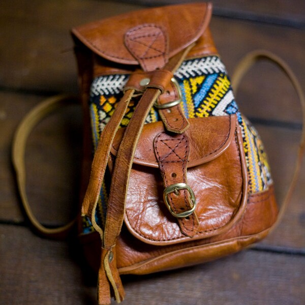 Vintage Embroidered Brown Leather Mini Backpack