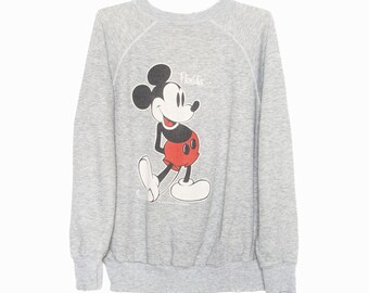 Moletom raglan cinza de algodão com estampa gráfica da Disney Mickey Mouse dos anos 80 da Flórida - M