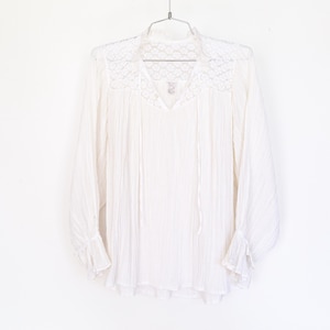 Vintage 70s Gauze Peasant Blouse – Lace Yoke, Ruffle Collar, Cottagecore Prairie Top, Made in France