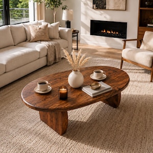May include: An oval coffee table made of dark brown wood with a visible grain pattern, supported by two thick, curved slab legs. The table surface holds a white ceramic vase with dried grasses, two white mugs on saucers, a candle, and books.