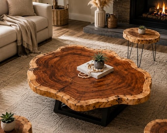 Mesa de centro redonda de madera de nogal - Muebles rústicos con borde natural para decoración del hogar - Mesa redonda - Centro de mesa de granja recuperada - Extremo lateral único