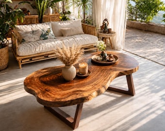 Mesa de centro de madera natural - Nogal con borde natural - Muebles rústicos para el hogar - Centro de mesa artesanal de madera recuperada - Extremo lateral único