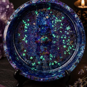 Puede incluir: Una bandeja circular de resina con una paleta de colores azul profundo y morado inspirada en una galaxia. La superficie está incrustada con numerosas estrellas y lunas crecientes pequeñas de color verde brillante, junto con un gráfico central de un platillo volador.