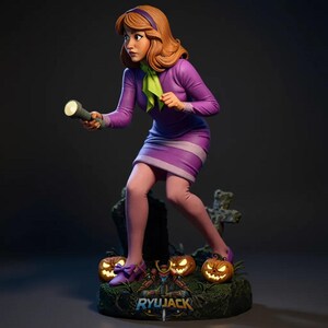 May include: A collectible figurine of a character with shoulder-length auburn hair, wearing a purple long-sleeve dress with a light purple hem and a green neck scarf. The figure holds a gray flashlight and stands on a base with three glowing jack-o'-lanterns, a tombstone, and the text RYUJACK.