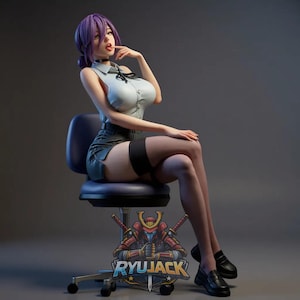 May include: A collectible anime-style figurine of a character with purple hair, wearing a white collared shirt with a black tie, a dark skirt, and black loafers. The figure sits on a dark office chair featuring a logo with the text RYU JACK.